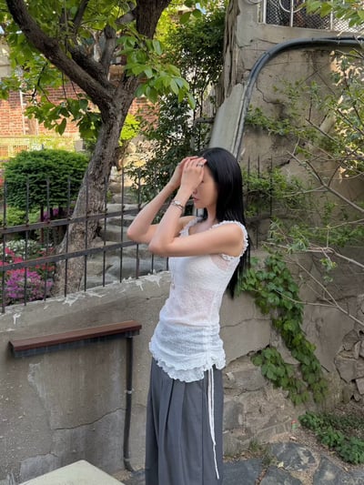 ♡正韓♡側抓皺抽繩蕾絲上衣3