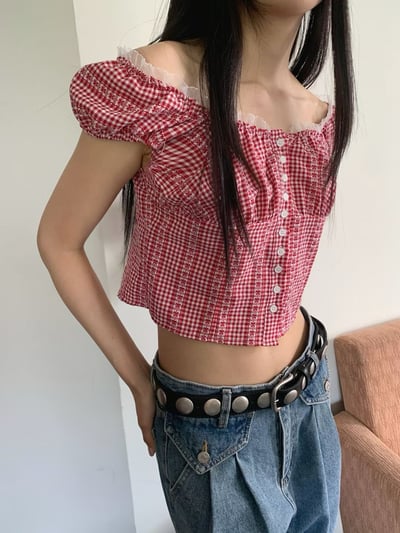 ♡正韓♡蕾絲排扣格紋上衣3