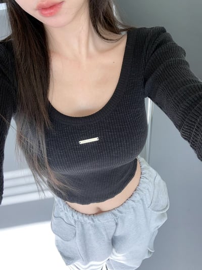 ♡正韓♡鐵牌標籤坑條上衣13