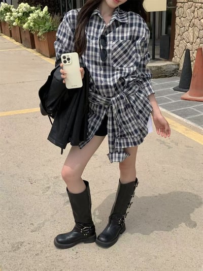 ♡正韓♡格紋襯衫綁帶洋裝10