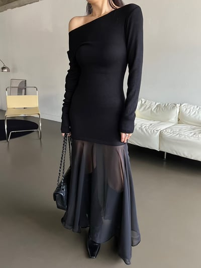 ♡正韓♡拼紗長袖洋裝可斜肩9