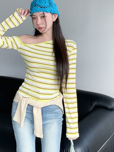♡正韓♡斜肩條紋上衣2