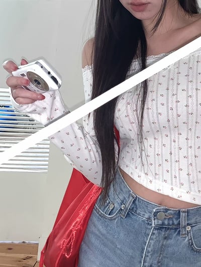 ♡正韓♡小碎花蕾絲蝴蝶結斜切上衣12