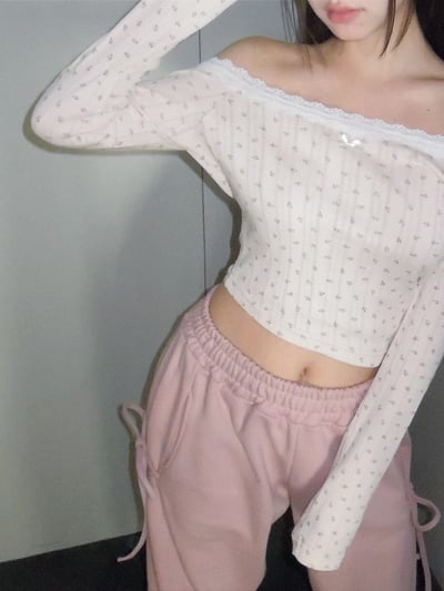 ♡正韓♡小碎花蕾絲蝴蝶結斜切上衣13