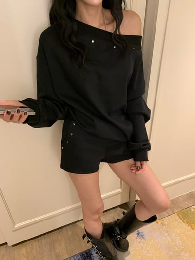 ♡正韓♡卯丁點斜肩休閒短褲套裝9