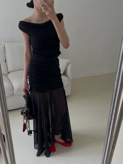 ♡正韓♡氣質抓皺上衣＋拚紗抓皺長裙10