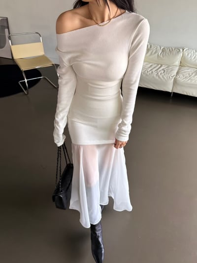 ♡正韓♡拼紗長袖洋裝可斜肩2