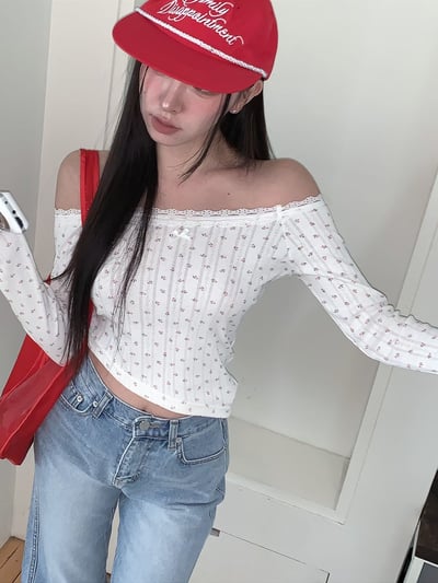 ♡正韓♡小碎花蕾絲蝴蝶結斜切上衣11