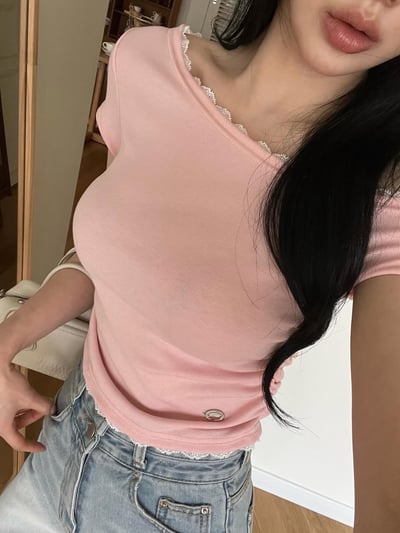 ♡正韓♡蕾絲側抓皺斜肩上衣2