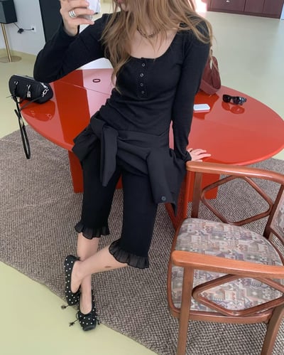 ♡正韓♡鬆緊荷葉褲管卡布里褲1