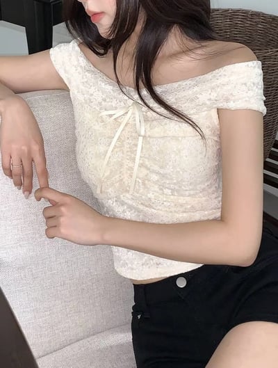 ♡正韓♡微透蕾絲一字上衣6