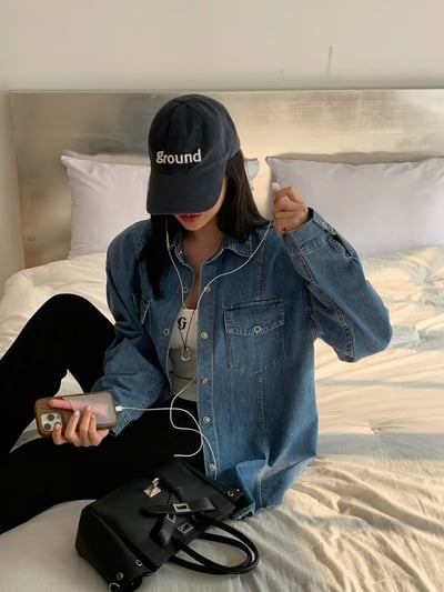 ♡正韓♡春款壓釦牛仔墊肩襯衫5