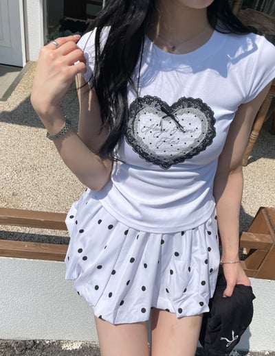 ♡正韓♡蕾絲波點愛心圓領T6