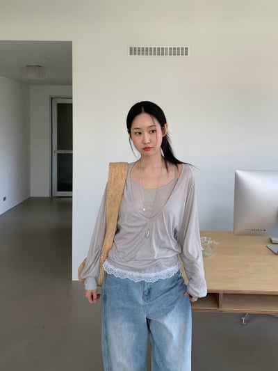 ♡正韓♡薄透拼接蕾絲兩件上衣11