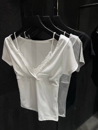 ♡正韓♡假兩件蕾絲短袖上衣6