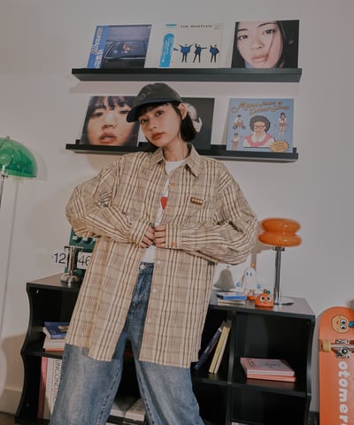 小標皺皺格紋襯衫 / 黃咖格17