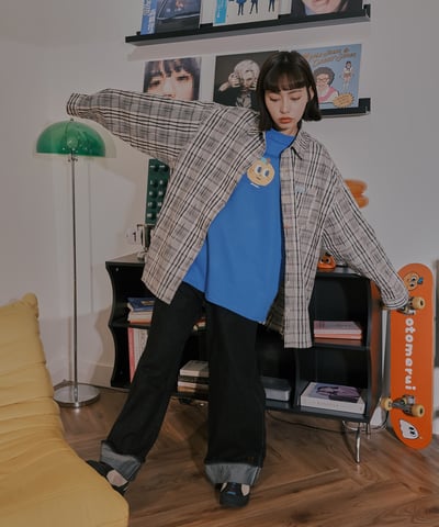 小標皺皺格紋襯衫 / 黑白格8