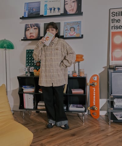 小標皺皺格紋襯衫 / 黃咖格6