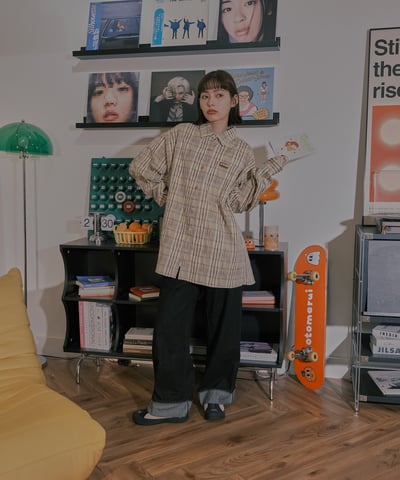 小標皺皺格紋襯衫 / 黃咖格9