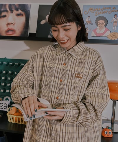 小標皺皺格紋襯衫 / 黃咖格15