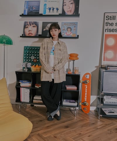 小標皺皺格紋襯衫 / 黃咖格18