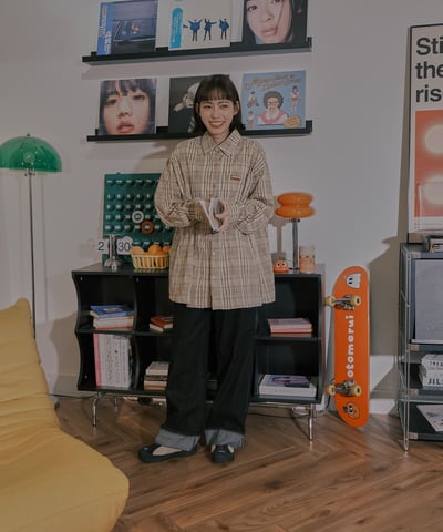 小標皺皺格紋襯衫 / 黃咖格7