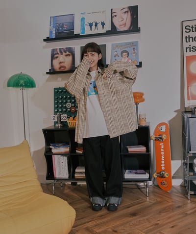 小標皺皺格紋襯衫 / 黃咖格19