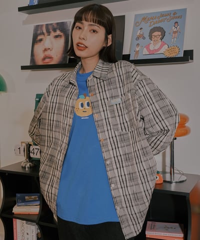 小標皺皺格紋襯衫 / 黑白格1