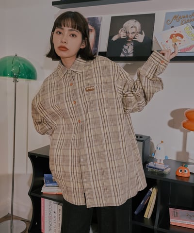 小標皺皺格紋襯衫 / 黃咖格13