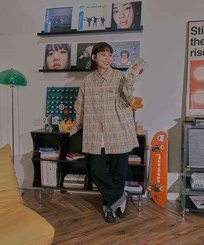 小標皺皺格紋襯衫 / 黃咖格10