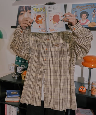 小標皺皺格紋襯衫 / 黃咖格14