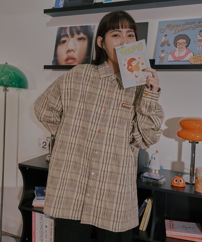 小標皺皺格紋襯衫 / 黃咖格12