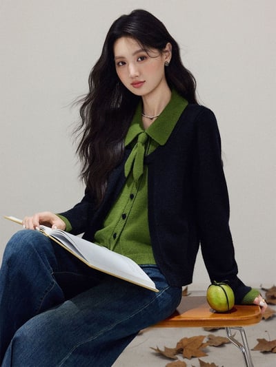 內搭感滿分 秋冬新款黑綠拼色 顯白綠黑配色假兩件針織外套2