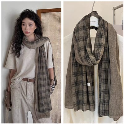 韓版氛圍感格子圍巾 全棉亞麻質感雙色披肩1