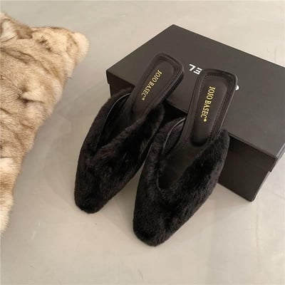 冬季毛絨法式粗跟包頭半拖鞋  現貨棕色393