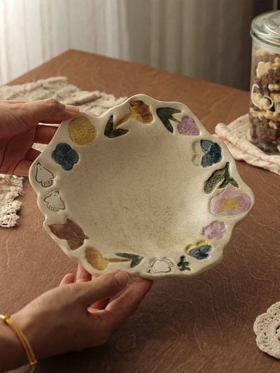 手捏釉下彩花語盤 日式復古手繪陶瓷餐盤3