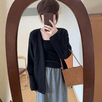 韓版溫柔風針織兩件套 寬鬆開衫＋方領吊帶背心4