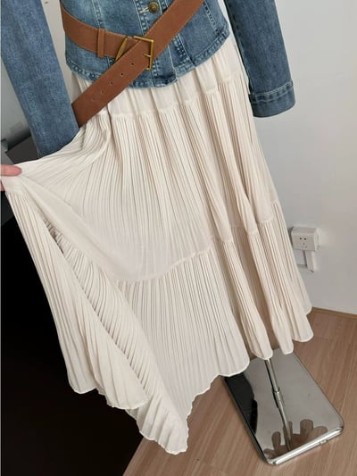 溫柔系必備  高腰顯瘦百搭款重工壓褶雪紡長裙5