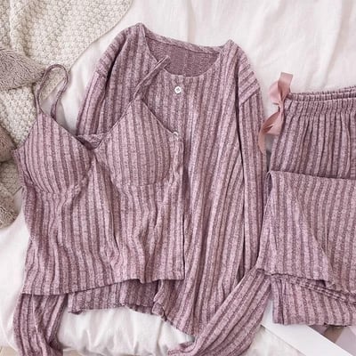 春秋條絨紋材質舒適家居三件套3