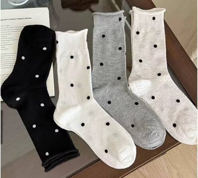 夏季薄款網眼 波點點卷邊中筒襪4雙組5