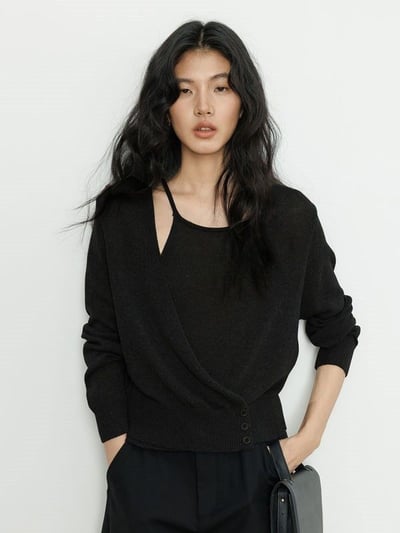 秋季新款極簡風寬鬆長袖上衣 解構設計針織衫2