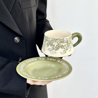 生日禮物 綠色鈴蘭花高級感咖啡杯套裝5