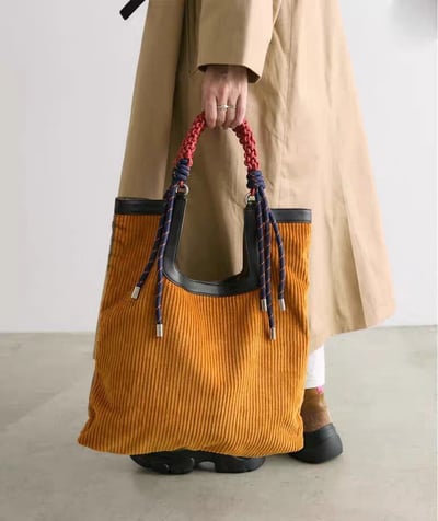 秋冬新款燈芯絨托特包 手工編繩拼接大容量單肩包1
