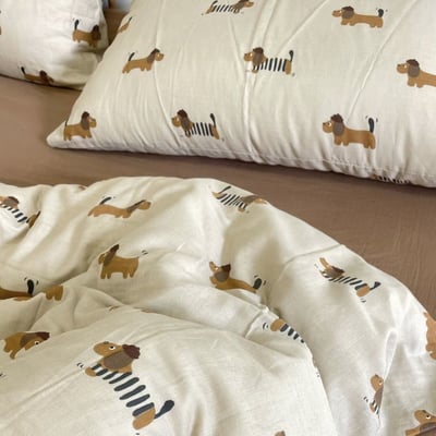 雙11限定優惠組 輕奢可愛卡通水洗棉四件套 復古臘腸狗圖案床包組4