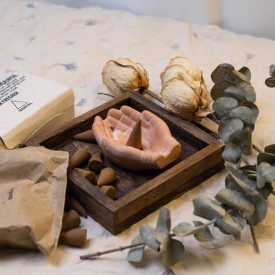 手工紅陶蓮花手香座 塔香香盤・居家療癒香插擺件1