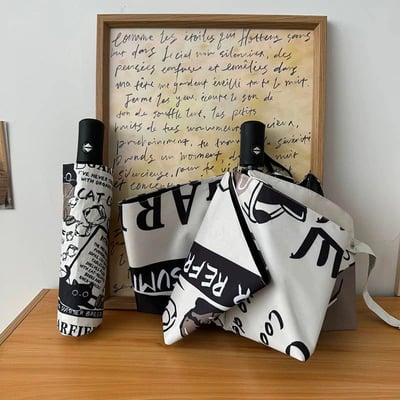 咖啡與貓 黑貓插畫風折疊晴雨兩用自動傘5