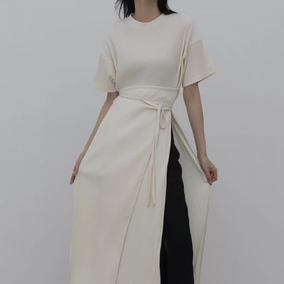 韓系極簡風   綁帶收腰側開叉長洋裝1