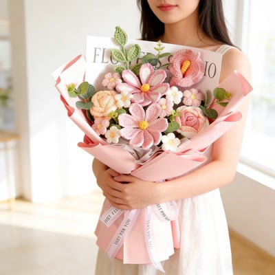 治愈系手作毛線花束 格桑玫瑰仿真花束 生日節慶送禮首選4