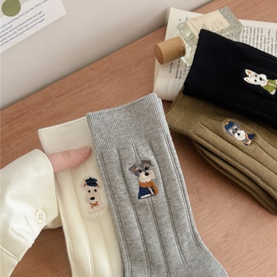 治癒系小狗刺繡寬條紋棉襪 可愛雪納瑞造型溫柔堆堆襪4雙組3