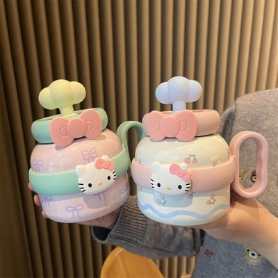 大容量桌雲朵吸管蓋便攜手柄款 貓貓陶瓷內膽大肚保溫杯1